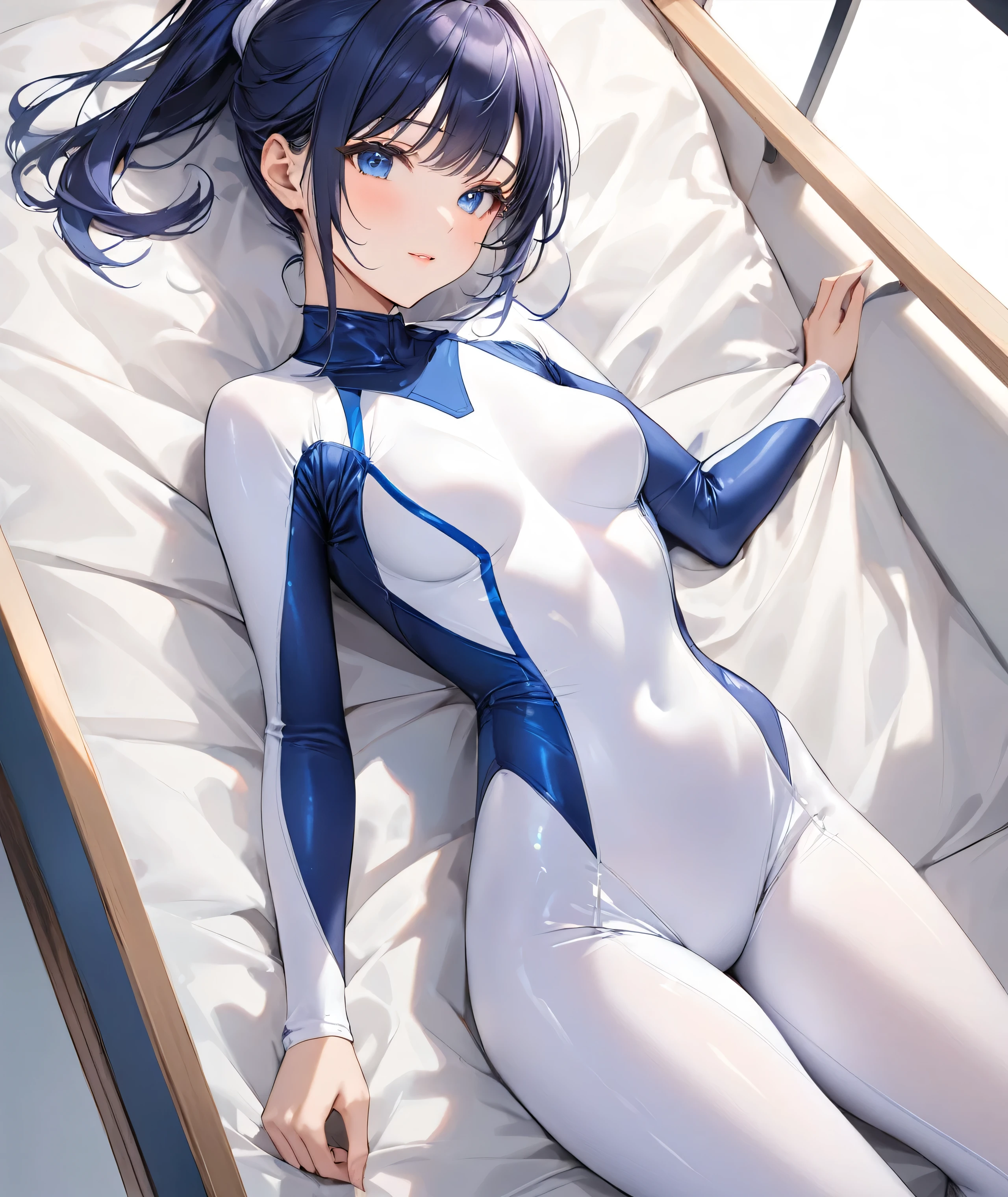 best quality, ultra-detailed masterpiece, nino nakano, one-piece swimsuit, breasts, pantyhose, blush, smile, cushion, bed room