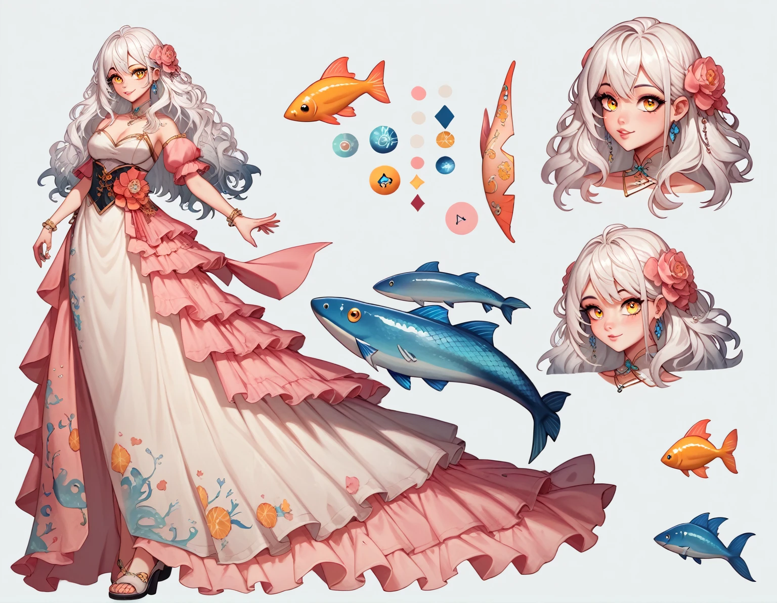  The model is a girl(( masterpiece, Highest quality)),  character sheet,  turn around, vtuber-whole body, whole body, detailed face, back and front,full body,  full of details ,  Very detailed , depth, front and back, 1 gril,  dressed whte and pink dress, slender ,, long wavy hair, white hair,  crystal-clear hair , [[white hair]],  golden eyes , jeweled golden eyes, character reference, white clothes, beautiful, cute, the dress has ribbens,  chinese style, water symbol, fish scales on the dress, koi fish designs on the dress, white and gold koi fish inspiration 