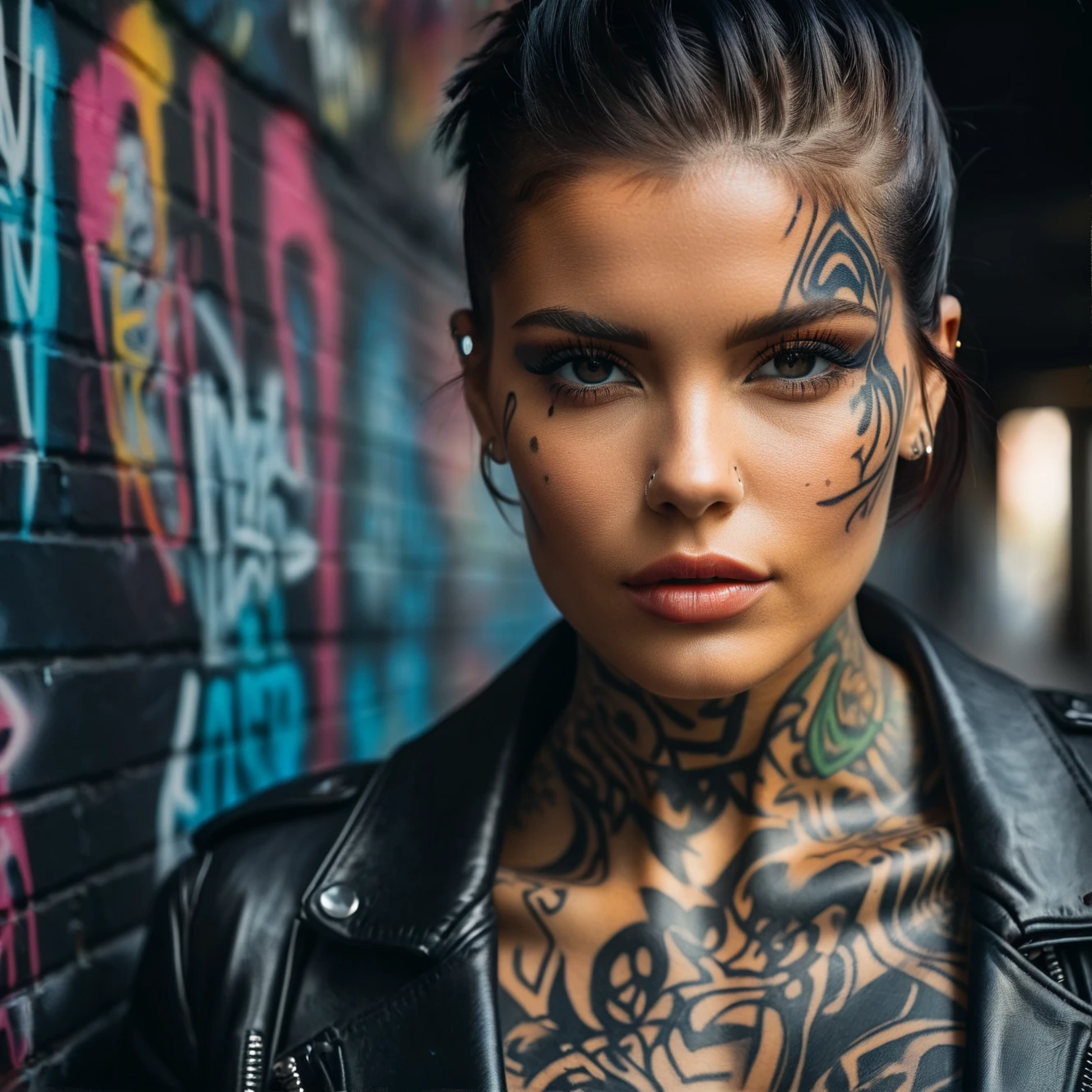 Create an image of a stunningly gorgeous beautiful sexy seductive perfect hrgiger tattooed muscles young girl, Stunningly perfect gorgeous face, beautiful perfect makeup, detailed vibrant eyes, platinum dutch hair, big beautiful muscular legs, big beautiful muscular arms, thick thigh muscles, perfect detailed abdominalmuscles, detailed smooth skin, muscular breast, thick muscular ass, yoga outfit, full body view,
