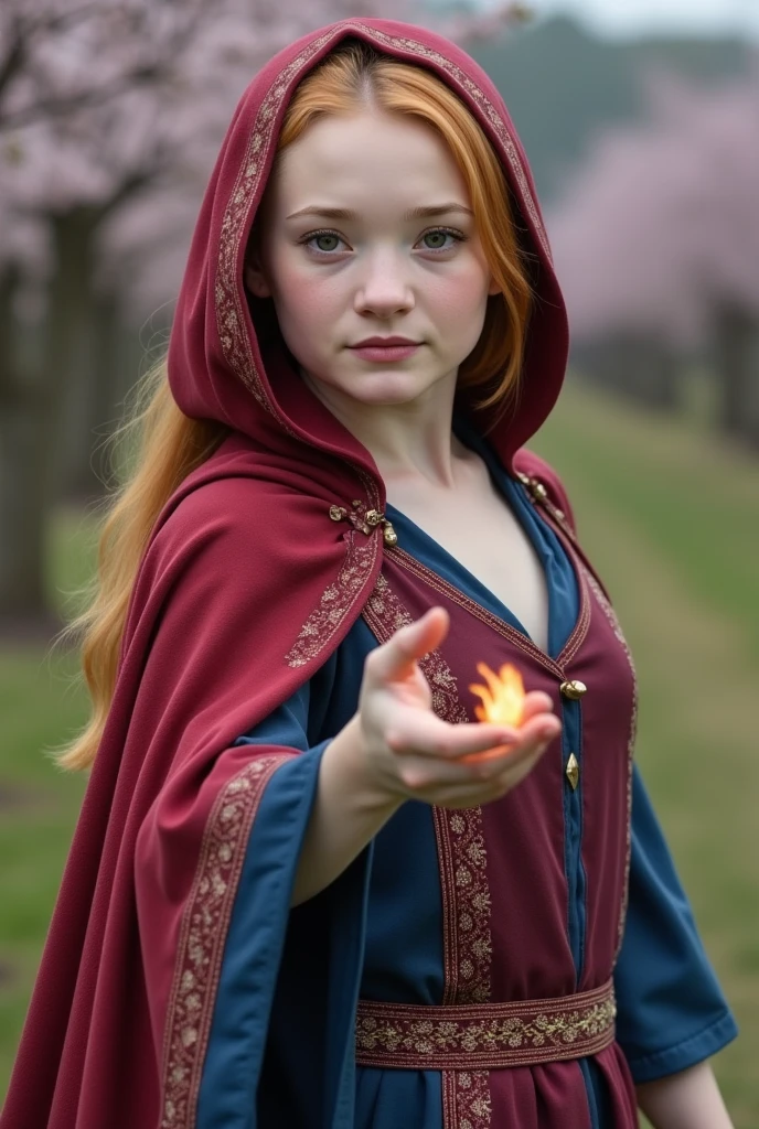 a masterpiece photograph of a twenty-five-year-old magician ginger girl combining Peruvian Nigerian and Finnish features with the eyes of Luna Lovegood and the face shape of Mia Wasikowska, dressed in a red and blue open magic costume with a hood, makes a fireball in a dynamic full-length pose against the background of a picturesque and blooming orc village, concentration, cold atmosphere and bizarrely matching colors