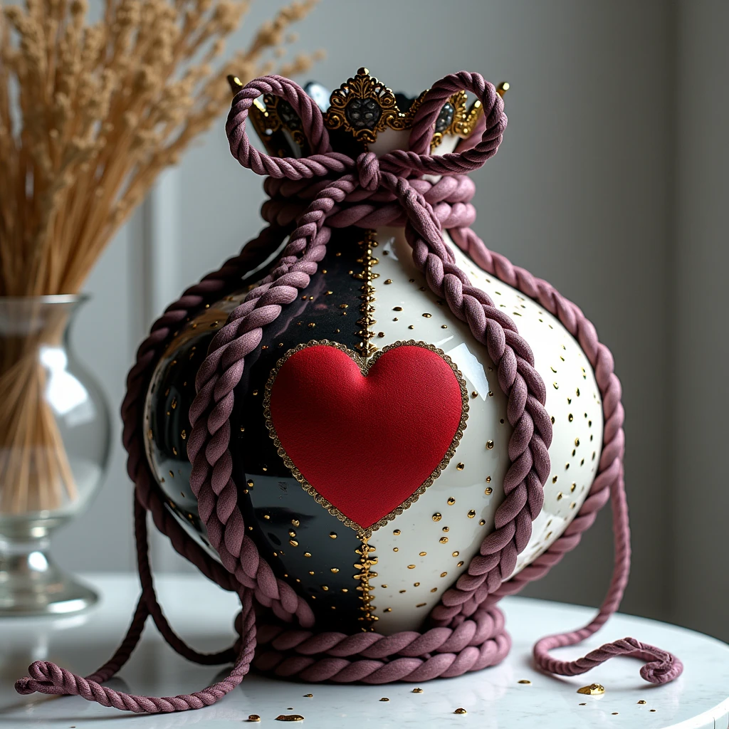  Left Half Black ,  Right Half White ,  Braided Rope Patterns ,  sprinkled with red Gold ,  Bow binding ,  Purple Linen Ribbons , On the left side,  Gold Tassels ,  in a crystal vase , Right Side , Red Heart,  painted on Black Pearl Vase,  Simple and Elegant Style , 8 k,  Complex Details ,  best quality , masterpiece,