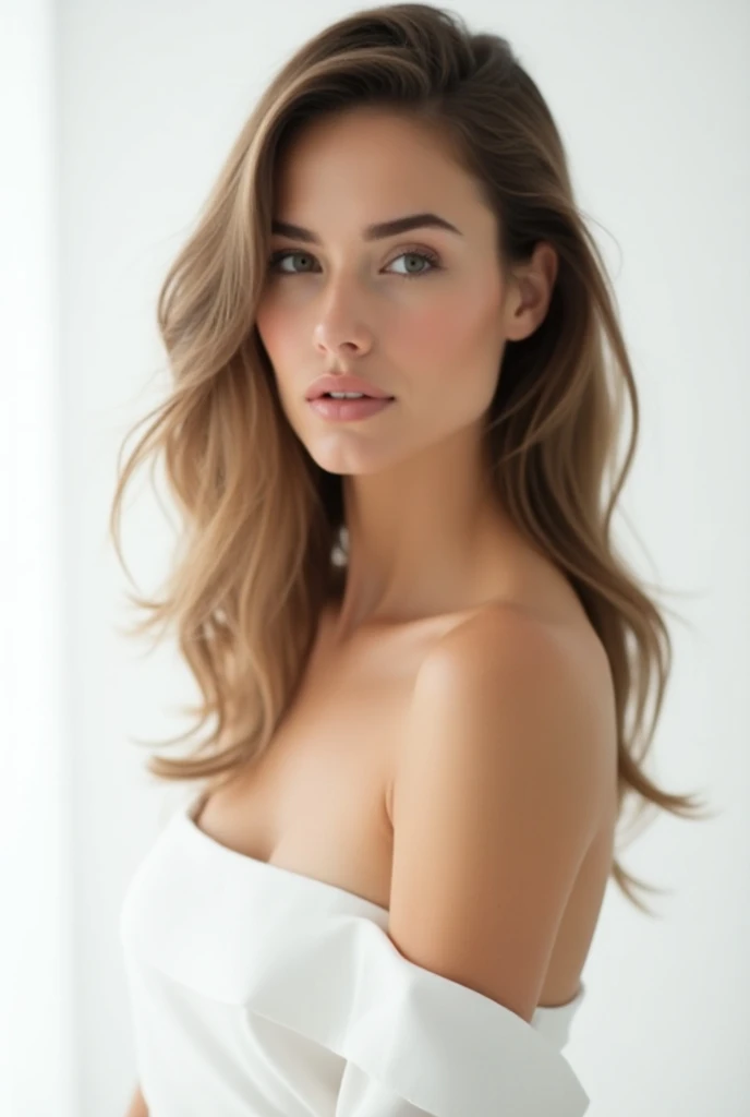 mulher sexy, 20 anos, esguio, atletic, pele bronzeada brilhante, Seios enormes, cintura fina, cabelos loiros cacheados, lingerie branca, Realistic, fotografia, real, natural
