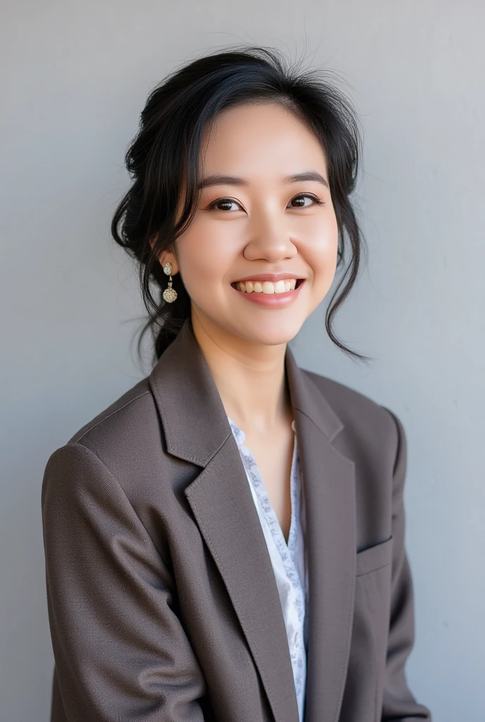 Portrait of a beautiful Thai woman with fair skin, wearing office attire look at the viewer. She is posed in a professional setting with a light grey background. The image should have a soft, warm tone that complements her complexion and outfit. Capture her graceful features and confident demeanor, suitable for a corporate or business context.