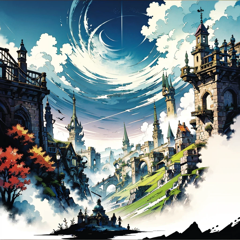 (((フラットart))),( best quality:1.2, absurd,Realistic, detailed),Landscape only,Castle in the sky with the full moon in the background,Landscape only, detailed背景,Landscape only,Front View,Landscape only、Bravely Default: Flying Fairy, Bravely Default \(series\), Nier,  Final Fantasy , ソードart、CD　 jacket　art、 (((フラットart))),( best quality:1.2, absurd,Realistic), detailed背景,,Bravely Default: Flying Fairy, Bravely Default \(series\), Nier,  Final Fantasy , CD　 jacket　art、Priest、 ,Skinny and small chested, ,(Best Quality)),(  ultra high resolution ),( ultra-detailed),( detailed depiction ),(( best anime)),( Best Artwork ),Sharpness,,超精密なart, A very beautiful ancient castle towering over huge clouds in the center of the image,  there is a huge city with blue sky and white clouds in the background, Best Quality,  beautiful image , 極端な詳細, masterpiece, , (middle ages):1.1, (storm):1.4, (thunder):1.3, (rain):1.2, 