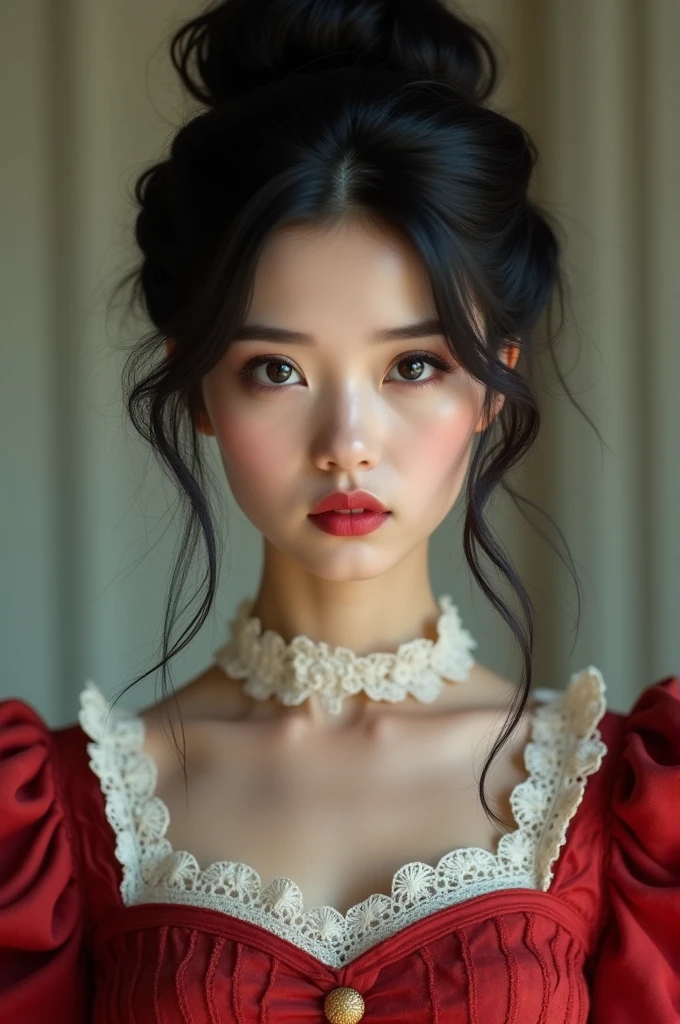 8k, Ultra-high resolution, Highest quality, masterpiece, 三分割法によるphotograph,Surreal, photograph, 1 Girl, (16 years old:1.3), pretty girl, Cute Face, 細部までBeautiful Eyes, 細かくdetailedに,masterpiece,One Girl:1.2,Japanese female announcer,cowboy shot,grin,Black short hair,Messy bun hair,((vampire:1.4)),awe, Natural skin texture、(Medieval European Dress Clothing:1.4)、(Colorful costumes:1.4)、Attractive girl、16 years old、(Perfect female body:1.4)、(女の子のポートレートphotograph:1.4)、(Photorealistic images:1.4),Fantasy art,(Beautiful Face:1.4),Beautiful and attractive eyes、Beautiful Eyes、(Tight waist:1.4)、(9 Beautiful girls with perfect body proportions:1.4),Red lips,(choker:1.4),Looking at the audience,(((Ideal body type))),A-cup small breasts :2,、Portraiture:2、Perfect Anatomy、鮮明なdetailed、detailed,Fashion magazine cover,Thin lips,Gray background ,完璧でBeautiful Face ,完璧でCute Face, Skin with attention to detail, Perfect limbs、Narrow waist,Looking at the audience,(((Ideal body type))),A cup small breasts :2,Portraiture:2,Perfect Anatomy,鮮明なdetailed,detailed,Surreal,Light and shadow,moonlight