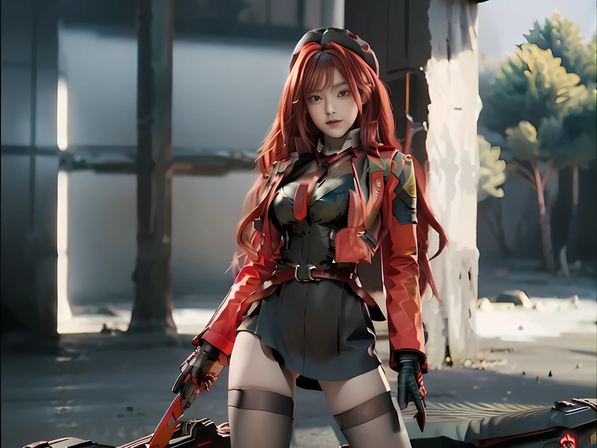 ((Best quality)), ((masterpiece)), (detailed:1.4), 3D, an image of a beautiful cyberpunk female, long burning red hair, burning hair, Red eyes, Black Barret Hat, Red Soldier Shirt, White undercloth, black panty, black skirt, black thick boot, long black kneesock, Grenade belt, Big chest, Big thigh, High thigh black knee sock, full view of girl, battlefield background, black combat boot, red necktie, black glove, black combat suit, black jacket, black cloak, black panty, ammo belt, HDR (High Dynamic Range),Ray Tracing,NVIDIA RTX,Super-Resolution,Unreal 5,Subsurface scattering,PBR Texturing,Post-processing,Anisotropic Filtering,Depth-of-field,Maximum clarity and sharpness,Multi-layered textures,Albedo and Specular maps,Surface shading,Accurate simulation of light-material interaction,Perfect proportions,Octane Render,Two-tone lighting,Wide aperture,Low ISO,White balance,Rule of thirds,8K RAW,