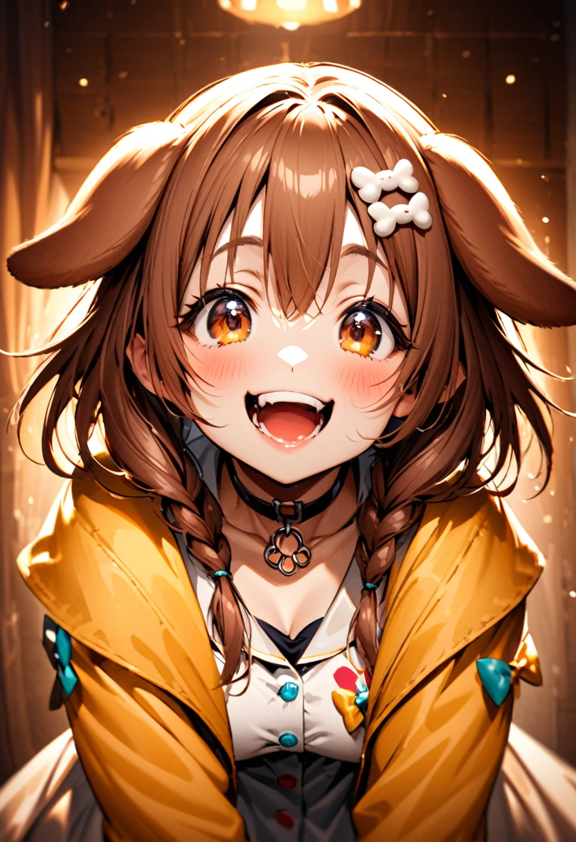 korone looking at the viewer. she has a happy face, her eyes sparking with joy and her mouth opened with a big smile. she has droopy dog ears on her head. half body, warm lighting for the adorable and whimsical mood.