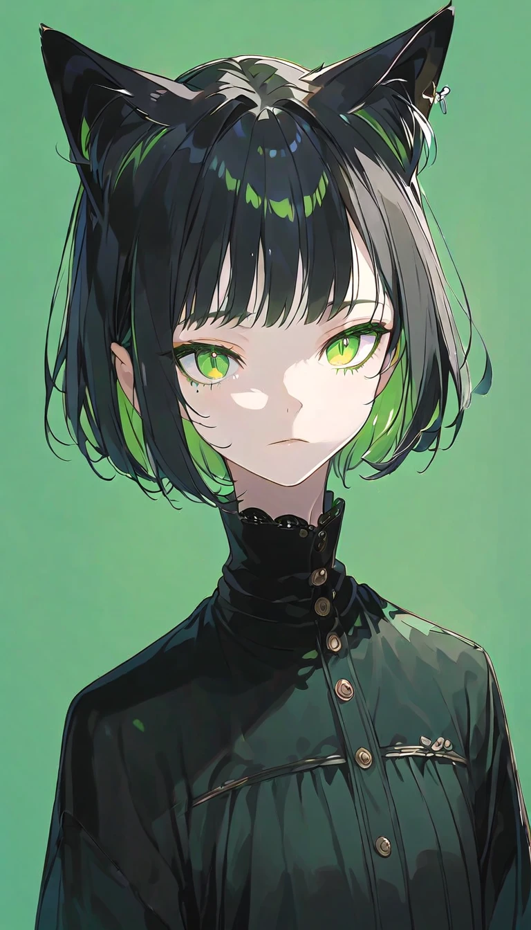 1 person,Elderly ,Girl half cat,Cat ears,Black hair, in green eyes ,Short hair,bob,Flat chest, Black Long Sleeve Shirt,