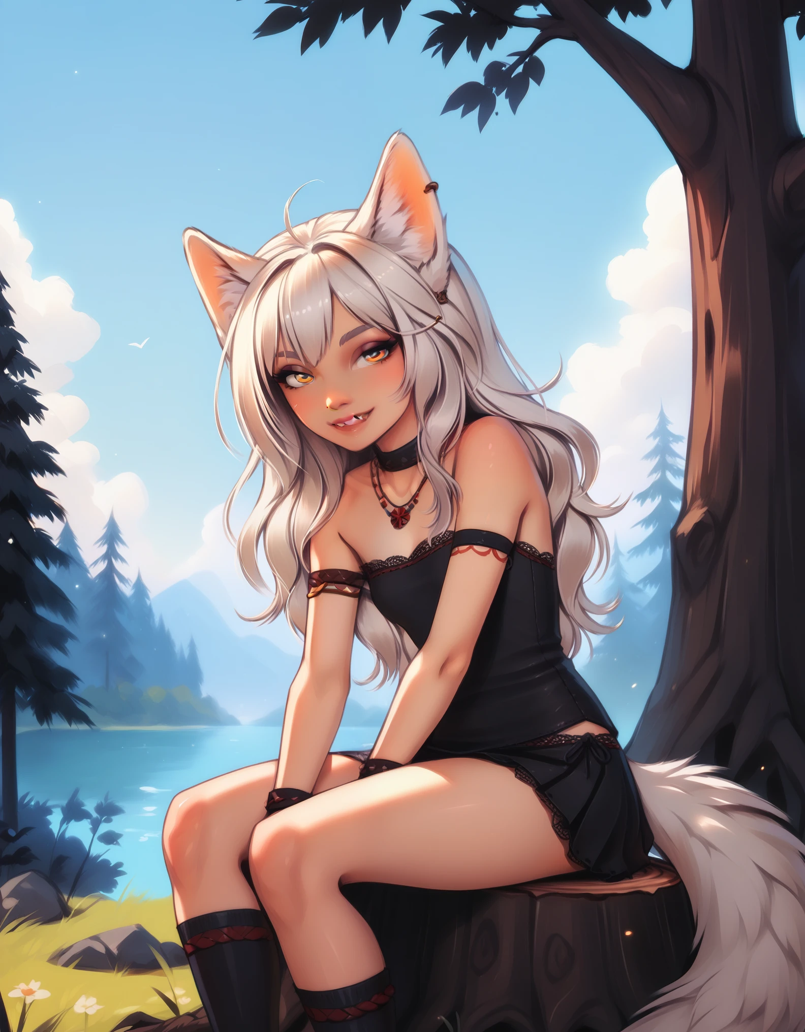 PersonalAmi Style, 1girl,  animal ears, animal_humanoid, canid_humanoid, fox_humanoid, wolf ears, wolf girl, small breasts, wolf tail, , BREAK
sitting, looking at viewer, (half-closed eyes), seductive smile, BREAK
day, bare tree, outdoors, tree, tree stump, BREAK
score_9, score_8_up, score_7_up, score_6_up, 