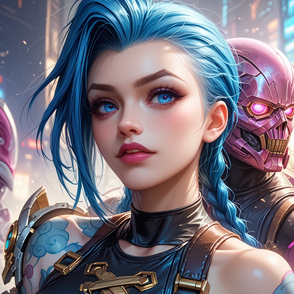 a futuristic Jinx from League of Legends Arcane, female warrior, a mask front of her half face, (finely detailed leather), pale skin, (in a deep, sexy, highly detailed, futuristic cyberpunk black crop top and briefs made of circuit boards, Japanese words with flash effect., beautiful epic composition, Futuristic, masterpiece, attractive, posing for a photograph, simple dark blury background