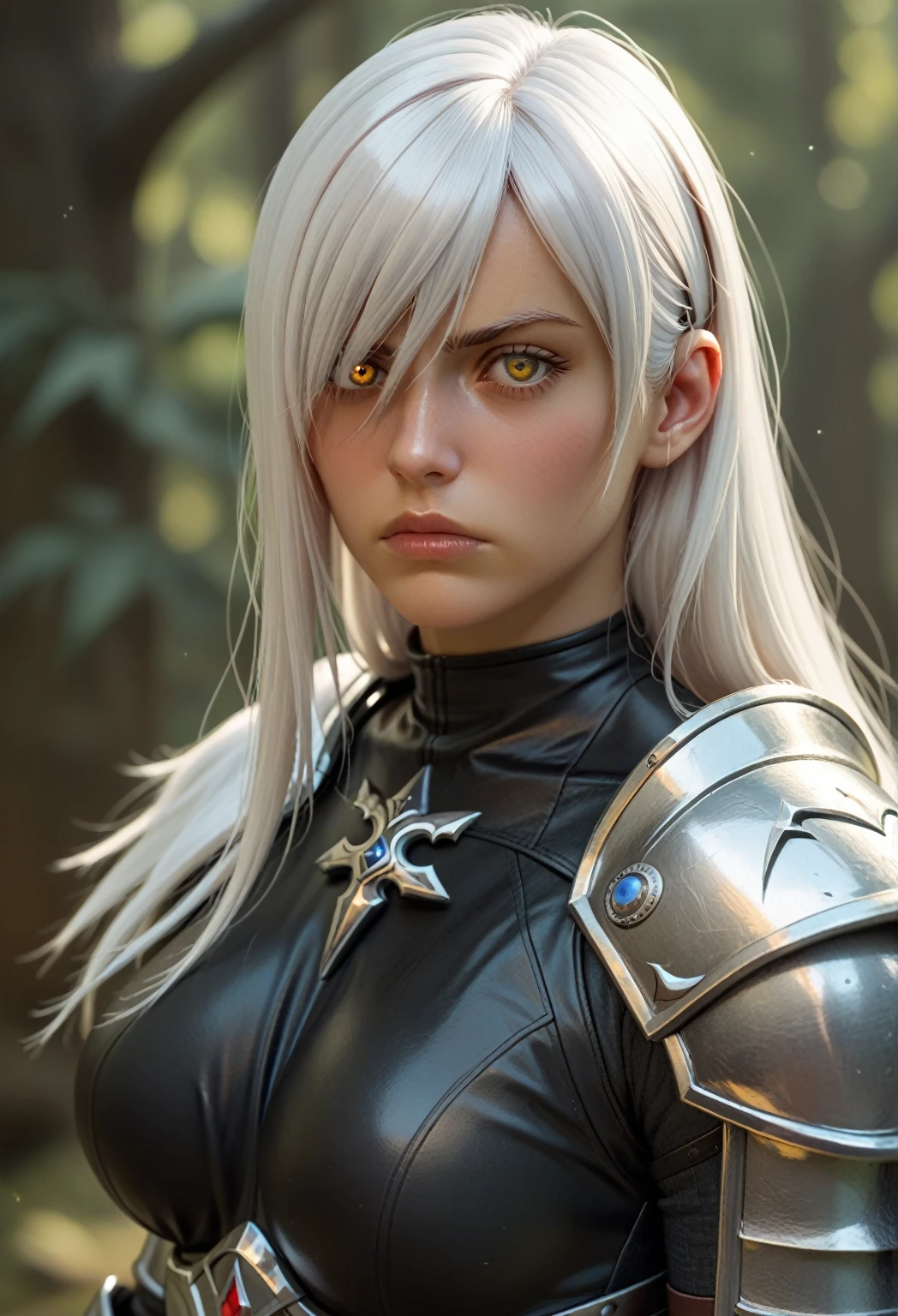 a tired young female knight of about 23 years age resembling (Erza Scarlet:Motoko Kusanagi) with soft features, medium length white hair and golden eyes, with a sword sheathed at her back, in an orc encampment, wearing a black bodysuit underneath the armor, orcs staring