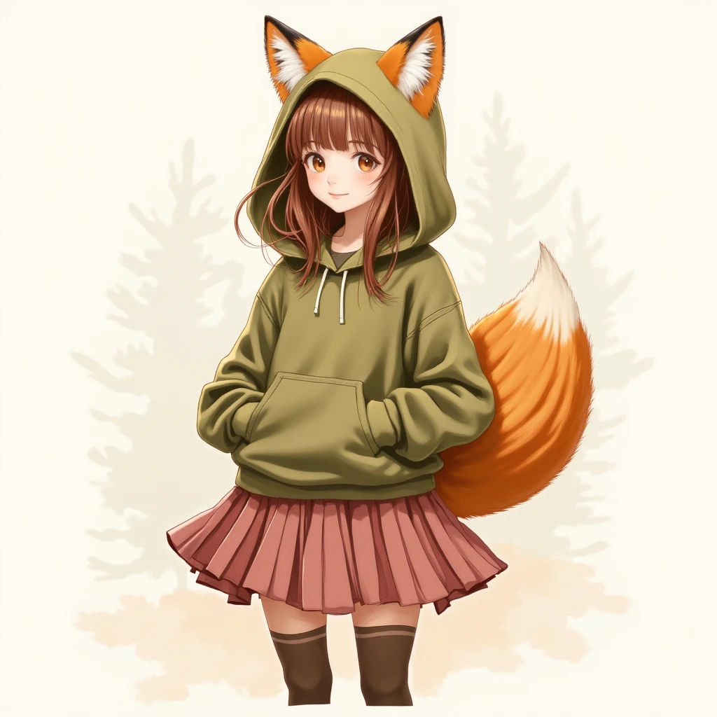 High saturation, western art, watercolor style. A girl with a fox tail coming from under her pleated skirt. Wearing a large olive hoodie.