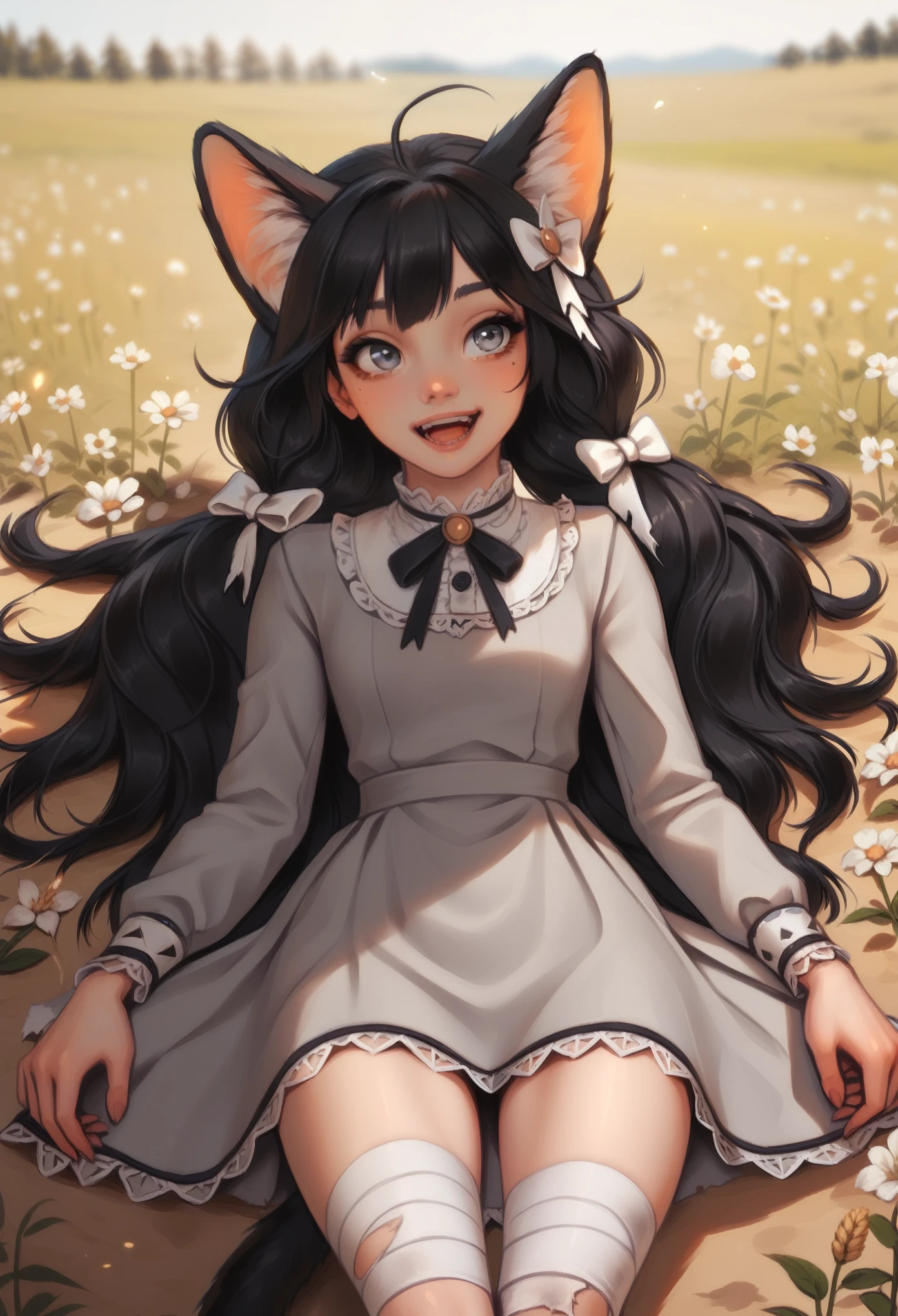 score_9, score_8_up, score_7_up, score_6_up,  PersonalAmi Style, 1girl, solo, grey eyes, black hair,standing,cat ears, grey dress,long sleeves, bandages,torn clothes,hair ornament, bandaged leg, on back,lying, happy,open mouth, happy tears, Mature wheat field,Yellow Theme, masterpiece, best quality, very aesthetic, absurdres, 