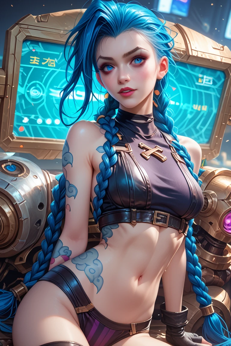 a futuristic Jinx from League of Legends Arcane, female warrior, (finely detailed leather), pale skin, (in a deep, sexy, highly detailed, futuristic cyberpunk black crop top and briefs made of circuit boards, Japanese words with flash effect., beautiful epic composition, Futuristic, masterpiece, attractive, posing for a photograph, simple dark blury background