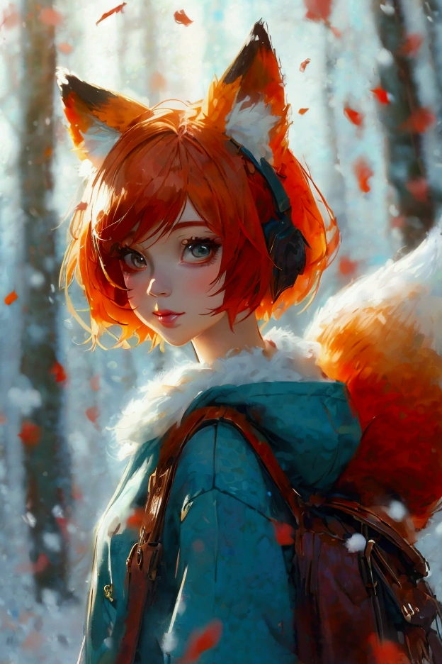  Create an illustration of a short-haired redhead , anime style,  wearing an adorable fox cosplay . She must have cute features ,  like big, expressive eyes , and a charming smile.  The cosplay must include details such as fox ears and a tail,  with a touch of realism in the textures and colors .  The background can be a magical setting ,  like an enchanted forest,  to complement the cute and cheerful atmosphere of the character ."