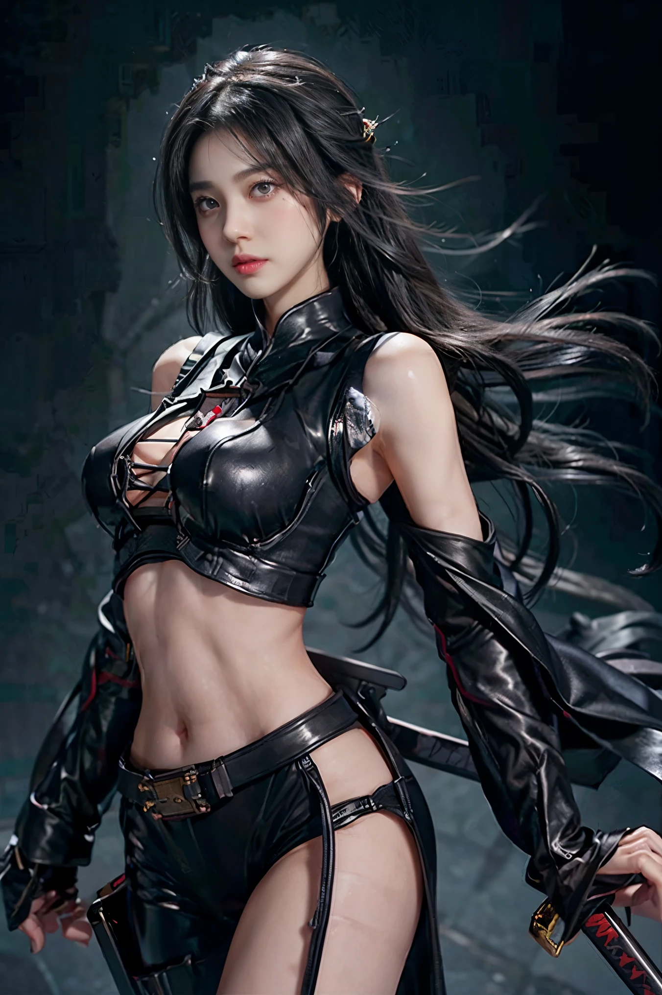  Japanese、Model、Big Breasts、Black Hair、 Black Clothes 、Holding a sword、 shows shoulders、 cleavage visible 、 belly button visible 、 black background