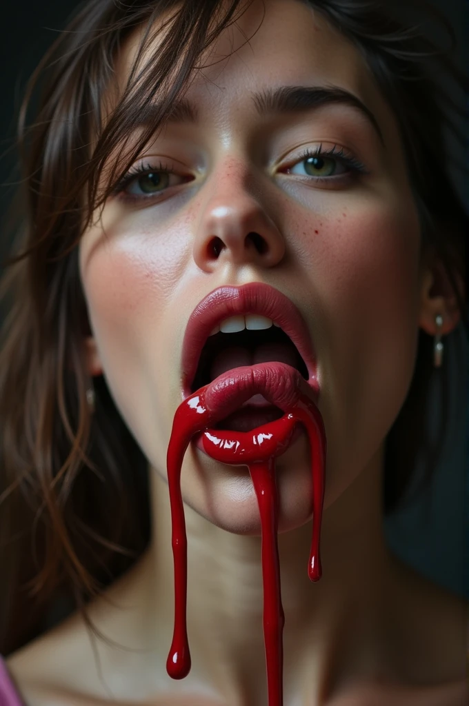 there is a woman with a big dick on her face, his face flushed and sweaty, thick red lips, digital art. @mariomaniacdude, inspired by Hedi Xandt, thick lips, cream dripping on face, give your mouth, crying and reaching with his arm, red lipstick on face, retouched hands, digital art but photo