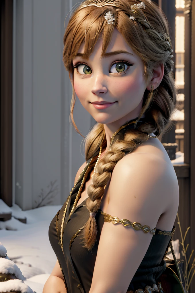 woman, ((Masterpiece, best quality)), detailed skin, highly detailed, cinematic lighting, ultra realistic, blush, looking at viewer,  anna, anna from frozen, princess, disney, brown hair, long hair, portrait, outdoor, snow, 
