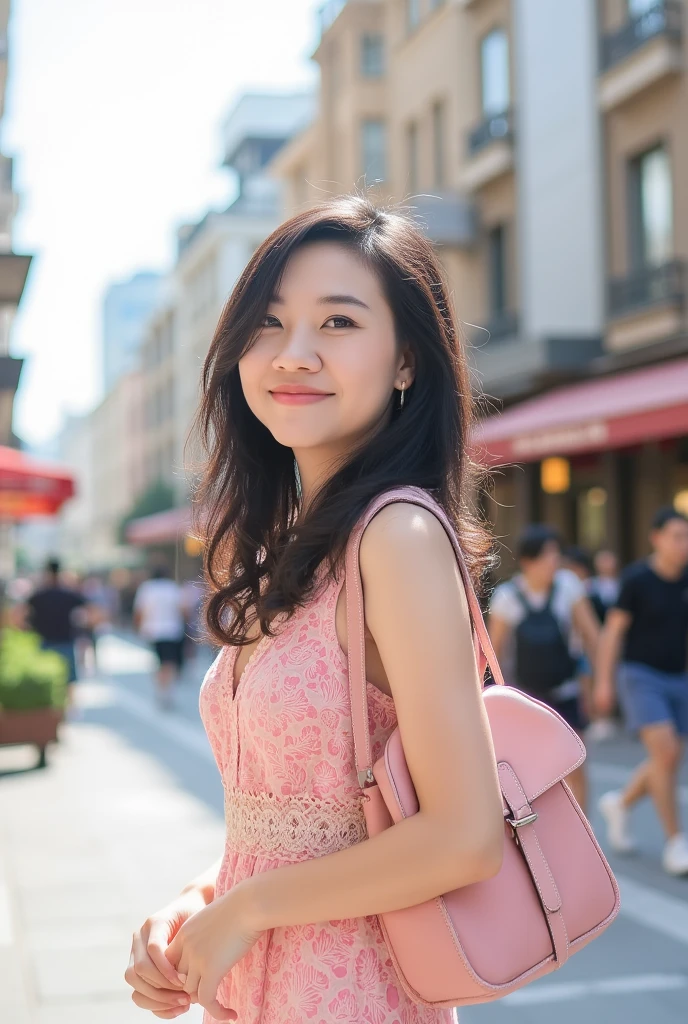 a black hair woman wearing pink dresses posing on street corner，Best Quality，High resolution，8k，1people，daytime，Bright，outdoor，（street：0.8），（people々，People：1）， （lace dress：1.5，pink clothes：1.5，Pink turtleneck dress：1.5，sleeveless dress，pink dress：1.5），pretty，（Zhongfa），beautiful detailed sky，（dynamic poses：0.8），（Upper Body：1.2） ），soft light，Wind，glowing skin，View your audience，Carrying a pink schoolbag，side view，（randoseru backpack：1.0）