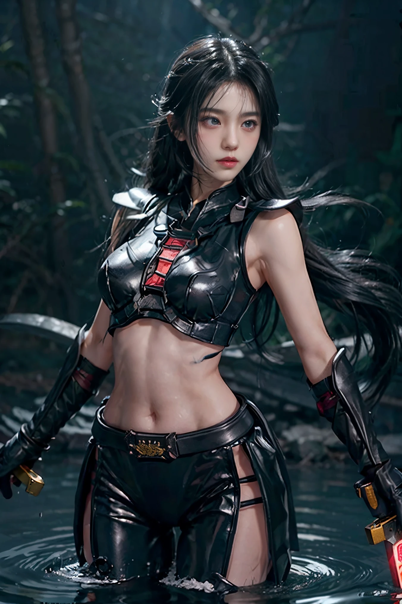  Japanese、Model、Big Breasts、Black Hair、 Black Clothes 、Holding a sword、 shows shoulders、 cleavage visible 、 belly button visible 、 black background、water surface