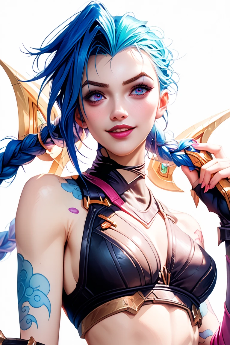 a futuristic Jinx from League of Legends Arcane, female warrior, (finely detailed leather), pale skin, (in a deep, sexy, highly detailed, futuristic cyberpunk black crop top and briefs made of circuit boards, Japanese words with flash effect., beautiful epic composition, Futuristic, masterpiece, attractive, posing for a photograph, simple dark blury background