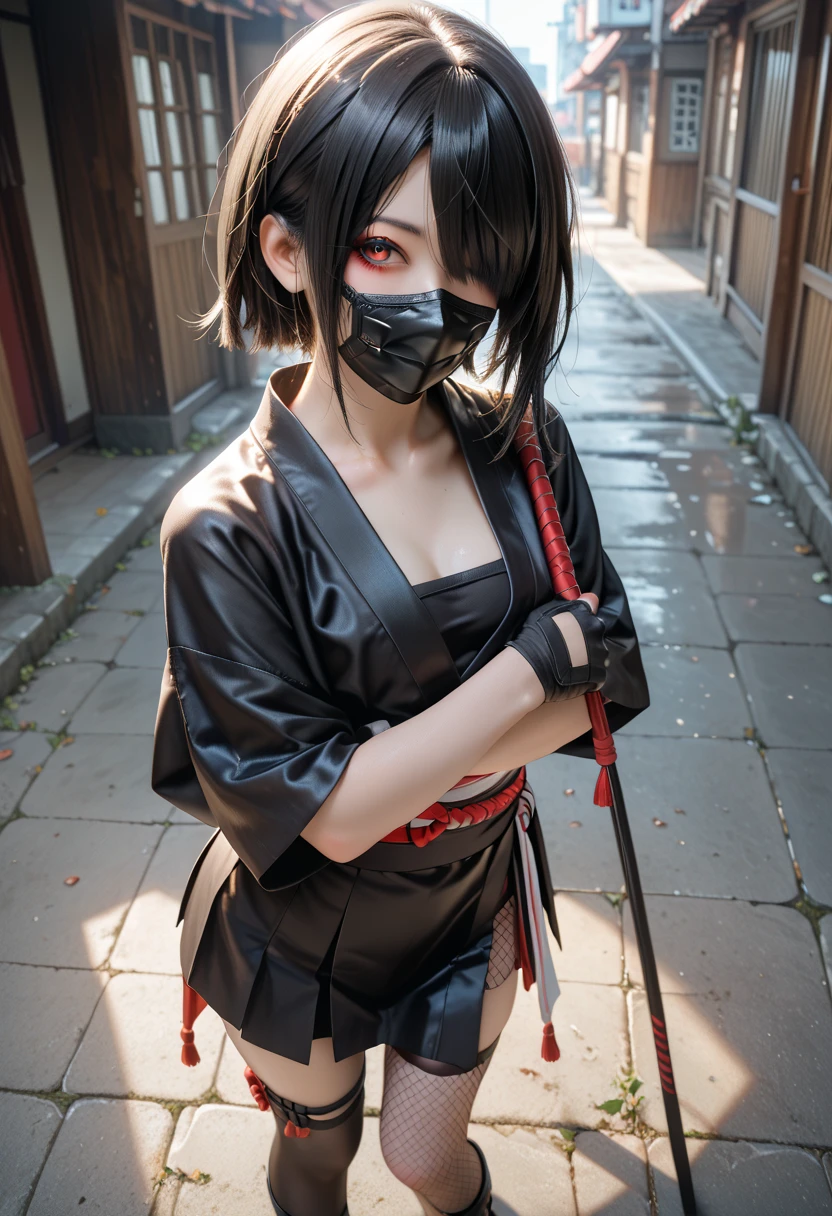 (score_9,score_8_up,score_7_up),High resolution Unity 8K,Top Quality Unity 8k ,break kunoichiNinja,Ninja, 1 girl,Alone,Black Hair ,Hair over one eye , eyeshadow,small breasts, break ベアショルダー,Black Mask、(Ninja Black Mask) ,Black kimono,Black kimono, short kimono,Oiran costume、Elbow Gloves, Fingerless Glove ,skirt, fishnet tights , Black Legwear, thigh strap,Red fan, break { cowboy shots、Chest Focus、 from above}、arms crossed