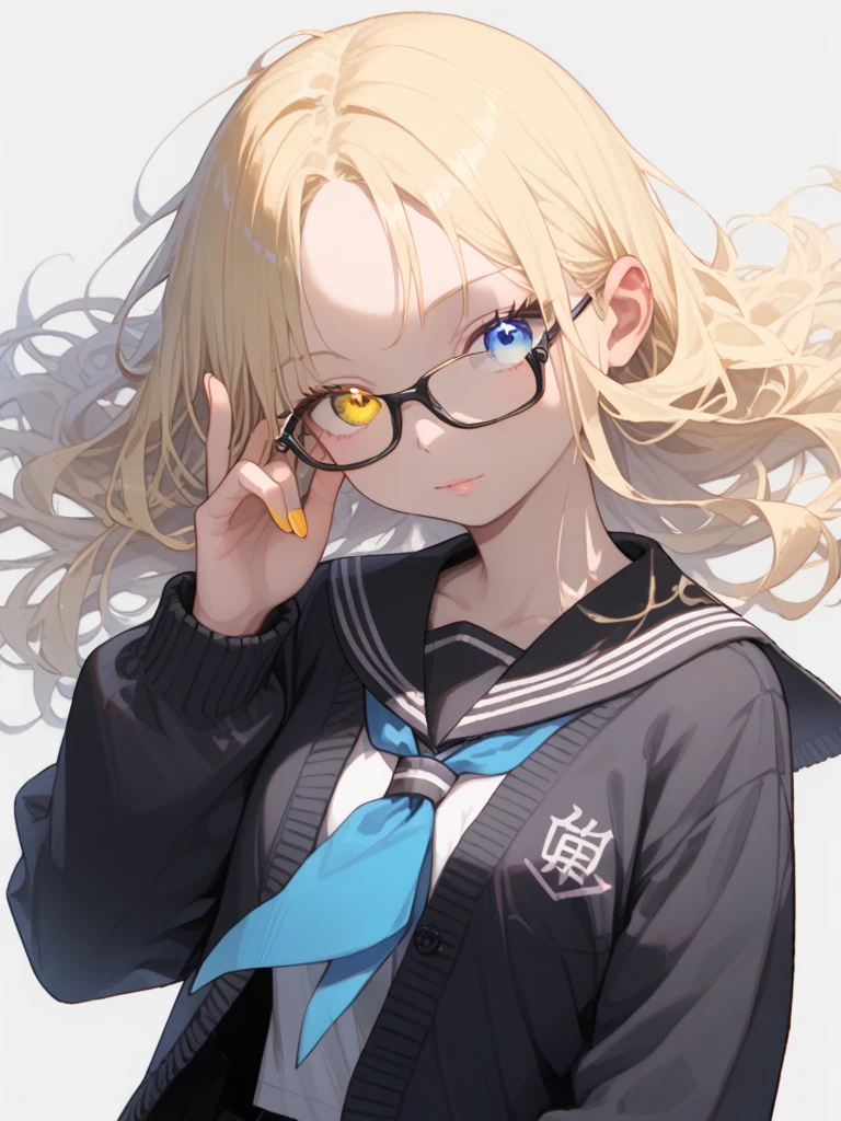 1girl, original,
(yoneyama mai:0.4), (mika pikazo:0.4), (rei \(sanbonzakura\):0.4), (quasarcake:0.4),
black cardigan, black sailor collar, blue neckerchief, cardigan, closed mouth, long sleeves, looking at viewer, neckerchief, sailor collar, simple background, solo, upper body, white background, yellow eyes, straight hair, long hair, blonde hair, tsurime, hand up, glasses, black serafuku, serafuku, school uniform, fingernails, shirt, parted bangs, floating hair, white shirt, nail polish, sleeves past wrists, open cardigan, blue eyes, holding, blunt ends, adjusting eyewear, unworn eyewear, open clothes, collared shirt, black-framed eyewear, :|, yellow nails, heterochromia, holding removed eyewear, head tilt, long fingers, artist name, multicolored eyewear, grey background                                                                                                                                                                              ,masterpiece,best quality,amazing quality,very aesthetic,absurdres,newest,