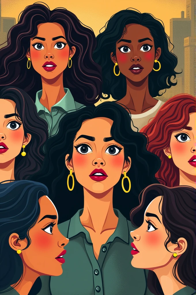 Draw a comic book style drawing of a woman who is being abused by her husband in a support group with other women who have overcome violence and she is smiling slightly for having overcome violence against her husband.