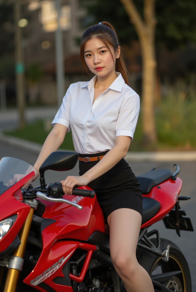 a beautiful young female student riding a 1500cc sport red motorcycle, parked with hands on the handlebars, look at camera, ponytail hairstyle, highly detailed, photorealistic, 8k, hyperrealistic, masterpiece, intricate details, vivid colors, warm lighting, chiaroscuro lighting, elegant, cinematic, dramatic,Mahalai uniform,white short sleeve shirt,short black pencil skirt,brown belt