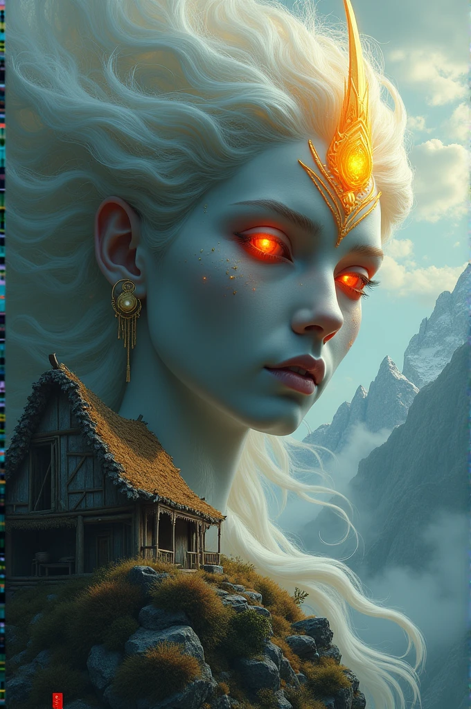 (etheric being, a God: 1.2),a masterpiece close-up, a straw house on a mountain, heterochromia xanthochromia red eyes, chiaroscuro, black and white painting, (best quality,4k,8k,highres,masterpiece:1.5),(on a mountain a straw house:1.2),detailed,photo-realistic,dramatic lighting,cinematic