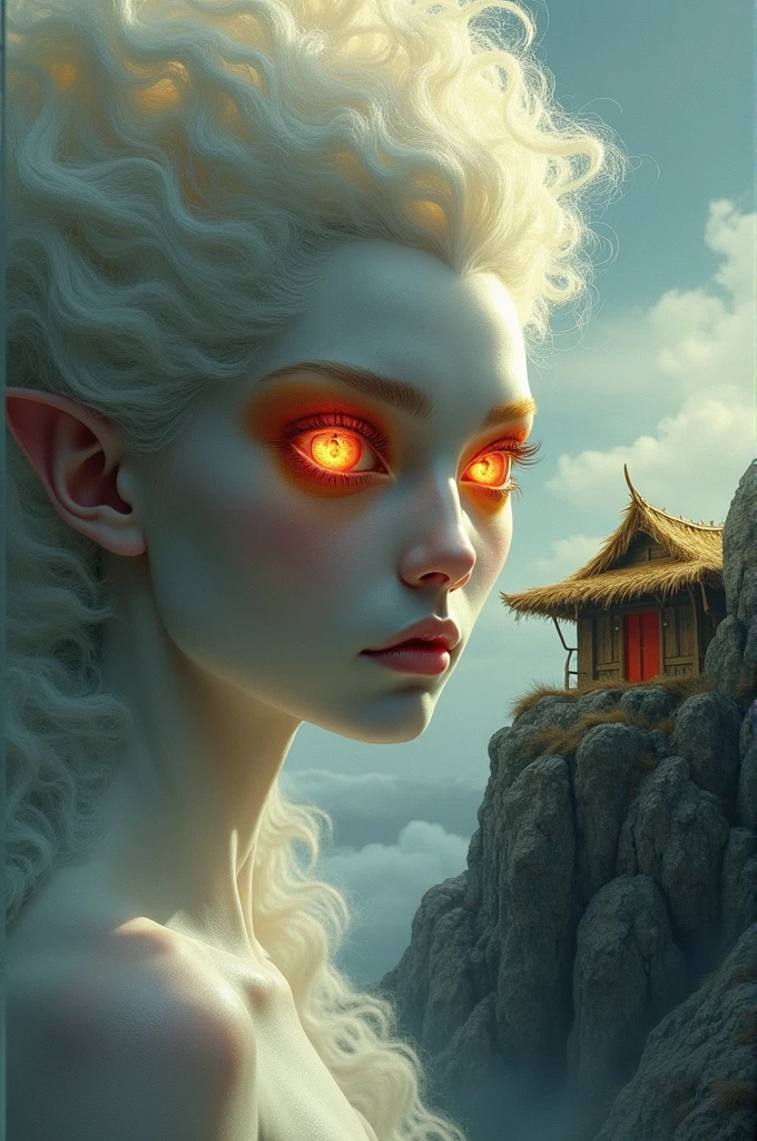 (etheric being, a God: 1.2),a masterpiece close-up, a straw house on a mountain, heterochromia xanthochromia red eyes, chiaroscuro, black and white painting, (best quality,4k,8k,highres,masterpiece:1.5),(on a mountain a straw house:1.2),detailed,photo-realistic,dramatic lighting,cinematic