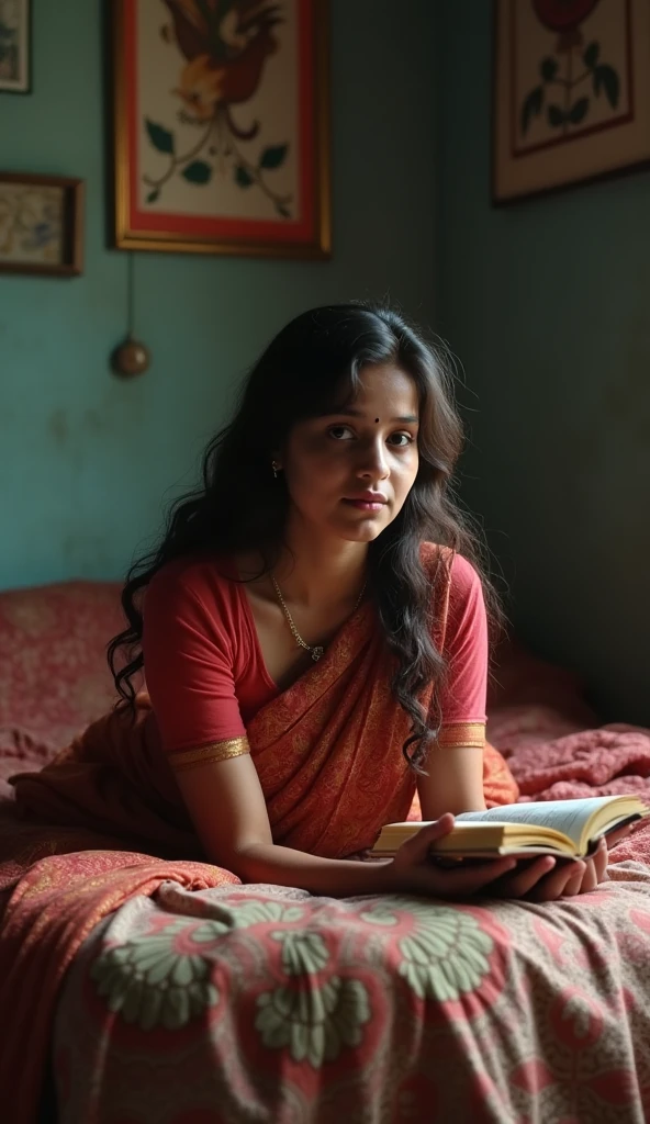 Indian Girl age 28 weight 55 sleeping on a bed wearing a saree looking her some clueless having a little big boobs & reading a book in a old Indian house sleeping stomach down on bed with her legs up shaking her leg wearing a payal