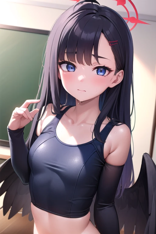 ichikanakamasa, Ichika is wet , Ahoge,  black hair, Black wings, Feathered wings,  hair accessory ,  hair clips, halo, Long Hair, Low Wing, School Swimsuit,
break looking at viewer,  upper body, whole body,
break indoors, classroom,
break (masterpiece:1.2), Best Quality,  Hi-Res,  Unity 8K Wallpaper , (shape:0.8), (beautiful detailed eyes:1.6),  very detailed face ,  full light,  extremely detailed CG, (  perfect hand , perfect anatomy),