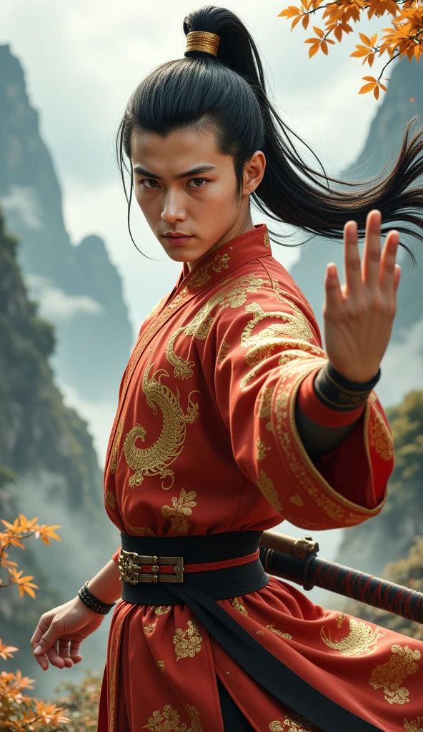  Here is a detailed prompt for creating an image of a Chinese martial artist In Donghua style:

 ---

A young Chinese martial artist of about 25 years old ,  with a serious and determined expression . . He has penetrating and intense eyes , amber in color,  that transmit strength and wisdom beyond his age .  her hair is black and long ,  Tall ponytail that sways in the wind ,  with some loose locks around his face ,  adding a wild and untamable air . your skin is pale,  contrasting with its sharp and fine features defined .  He wears a traditional Chinese martial arts tunic ,  adorned with gold details and dragon and cloud patterns ,  that symbolize power and spiritual ascension . The tunic is dark blue ,  with a wide belt of red fabric that holds clothing securely at the waist . on your back,  carries a sword with a curved blade ,  sheathed in a dark leather cover with metallic details . Around you,  a faint golden glow suggests an aura of energy ,  reflecting his high level of cultivation .  He is in a combat posture ,  with a raised hand and the body tilted slightly forward ,  as if preparing for a quick movement .  The background shows misty mountains and exotic vegetation ,  typical of a Chinese fantasy setting .
32K, HDR, UHD, intricate detail, extremely intricate detail, hyperrealistic, extremely realistic, high quality, vivid color, extremely detailed.