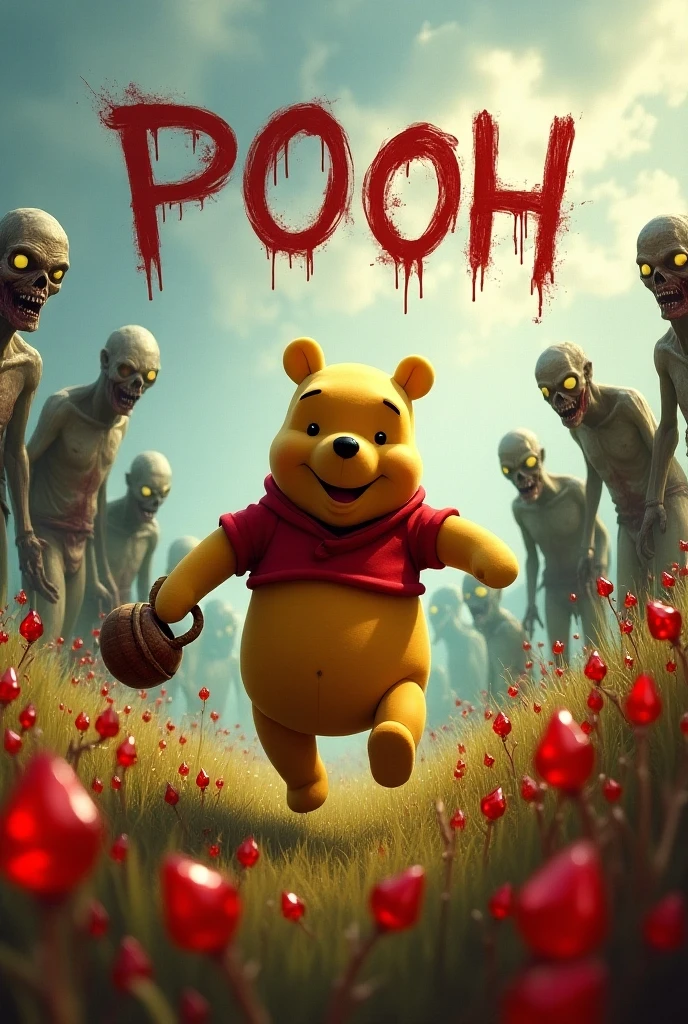 Horror-themed cinematic film still of Winnie the Pooh eating brains out of a clay jar, bees, scary, terrifying, disturbing, high budget, bokeh, cinemascope, moody, epic, gorgeous, film grain, grainy . Eerie, unsettling, dark, spooky, suspenseful, grim, highly detailed