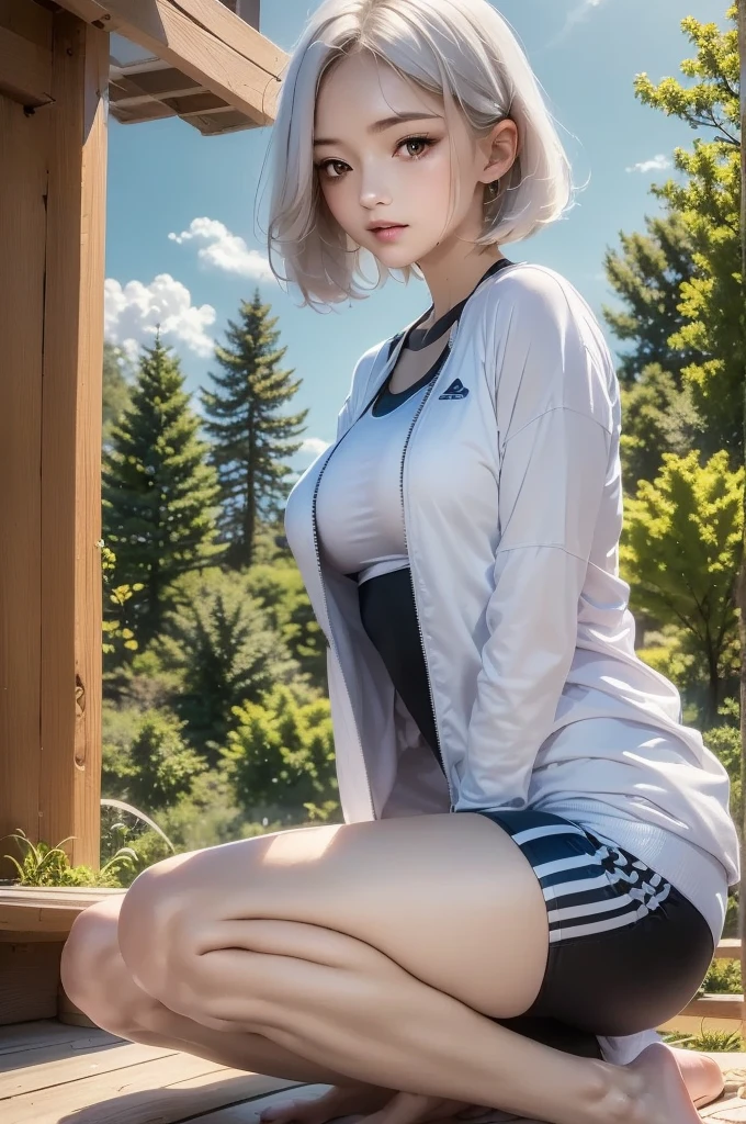 2.8D illustration, masterpiece:1.5, best quality, very detailed, 1girl, medium breasts, white hair, long hair, beautiful, forest, tree, tree house, sky, noon, sunlight, sportswear, jacket. face:sweet girl. Sit with her knees up
