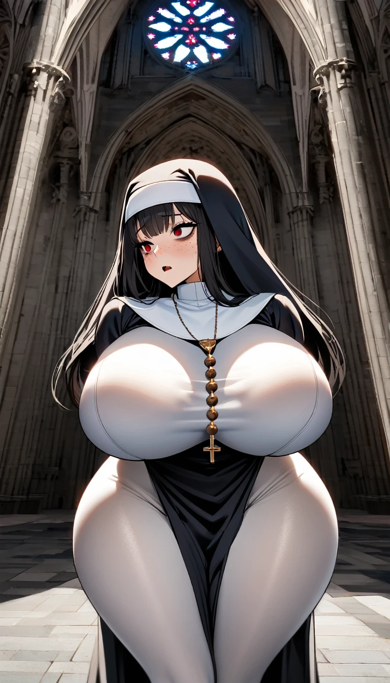 masterpiece, best quality,1girl, (huge breasts:1.6)sagging breasts, breasts apart, large areolae, black hair, green eyes ,nun,church ,cross necklace ,micro bikini own hand together ,PatchDef,pasties, bandaids on nipples, covered nipples;