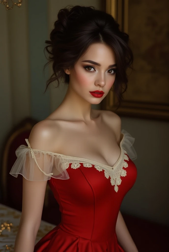 high quality fingers, normal hands, detailed fingers, masterpiece, (realistic, photo-realistic:1.37), (full body:1.5), (25 years old women), large breast, small waist, long flowing black, sparkling blue eyes, beautiful face, perfect illumination, beautiful detailed eyes, looking at viewer, stunningly beautiful women, detailed hairstyle, detailed background, highly detailed and ornate Victorian ((duotone [red and black]) corset:1.5), detailed and stylish jewelry, background is a beautiful flower garden with gazebo.