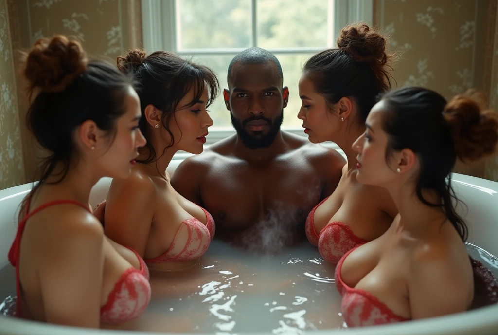 Michael Jordan, Drake and a muscle bald asian man, full body, completely naked and without clothes, taking a bubble bath in the bathtub, still naked