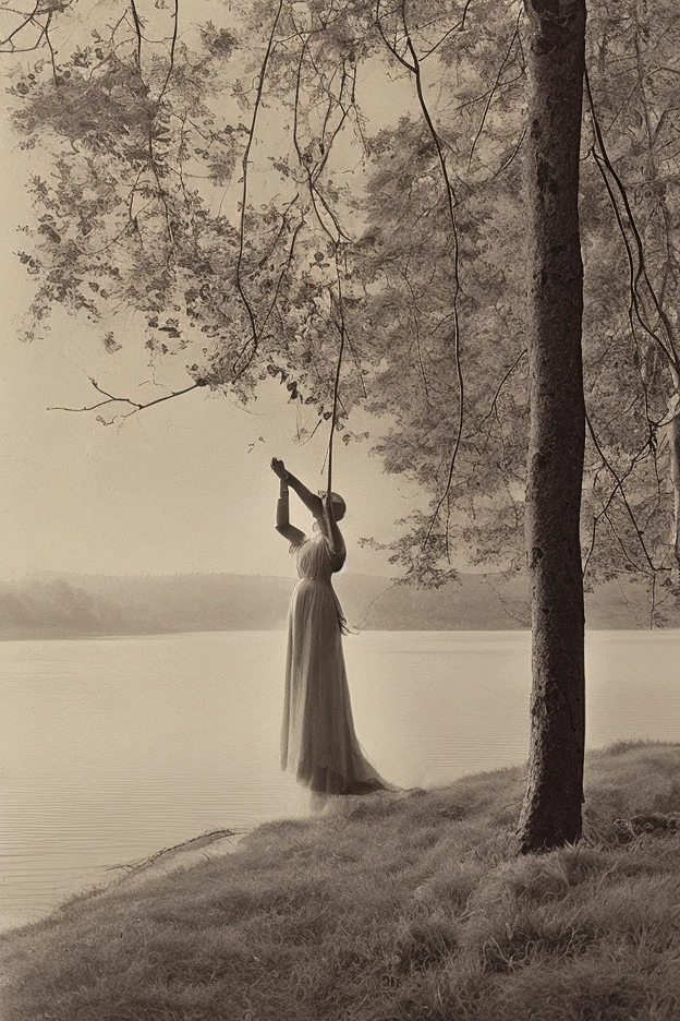 "Create a black-and-white photograph in the style of a mid-20th-century newspaper image. The central subject is a woman standing in a forest near a river, holding a large, intricate crystal chandelier in her hands. The scene captures the mystery and surreal atmosphere, with the woman’s figure surrounded by tall trees and the gentle flow of the river in the background. The photograph should have a vintage, slightly faded quality with a grainy texture, as if printed on old newspaper paper, featuring subtle shadows and lighting typical of the era. Include slight imperfections or faded spots to enhance the realistic, aged newspaper look."