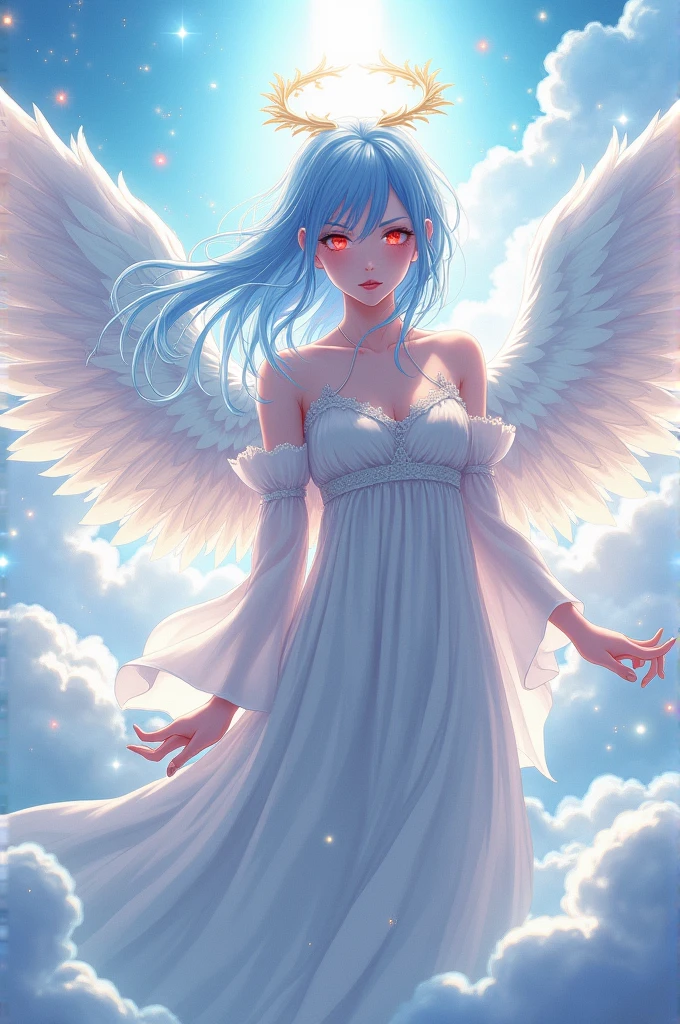 masterpiece, best quality, hatsune miku, white gown, angel, angel wings, golden halo, dark background, upper body, (closed mouth:1.2), looking at viewer, arms behind back, blue theme, stars, starry night