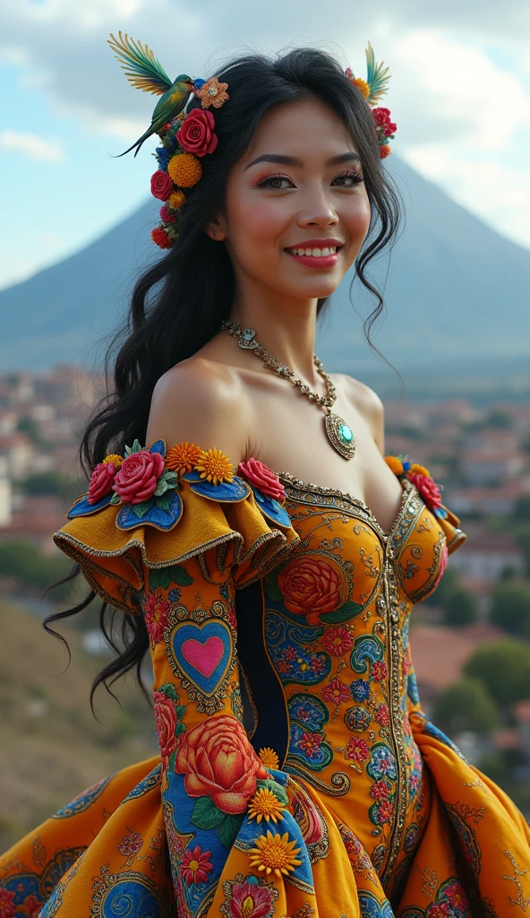 1woman, beautiful Mexican woman, light brown hair, intricately embroidered Mexican skull dress, hard erect nipples, kneeling on cobble stones in front of castle, female in ktrmkp face paint, ktrmkp makeup, ktrmkp