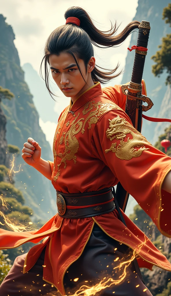  Here is a detailed prompt for creating an image of a Chinese martial artist In Donghua style:

 ---

A young Chinese martial artist of about 25 years old ,  with a serious and determined expression . . He has penetrating and intense eyes , amber in color,  that transmit strength and wisdom beyond his age .  her hair is black and long ,  Tall ponytail that sways in the wind ,  with some loose locks around his face ,  adding a wild and untamable air . your skin is pale,  contrasting with its sharp and fine features defined .  He wears a traditional Chinese martial arts tunic ,  adorned with gold details and dragon and cloud patterns ,  that symbolize power and spiritual ascension . The tunic is dark blue ,  with a wide belt of red fabric that holds clothing securely at the waist . on your back,  carries a sword with a curved blade ,  sheathed in a dark leather cover with metallic details . Around you,  a faint golden glow suggests an aura of energy ,  reflecting his high level of cultivation .  He is in a combat posture ,  with a raised hand and the body tilted slightly forward ,  as if preparing for a quick movement .  The background shows misty mountains and exotic vegetation ,  typical of a Chinese fantasy setting .
32k anime style, HDR, UHD, intricate detail, extremely intricate detail, hyperrealistic, extremely realistic, high quality, vivid color, extremely detailed.