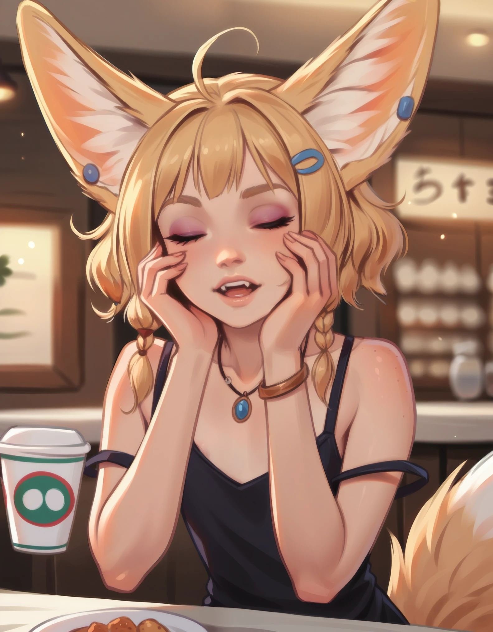 score_9, best quality, masterpiece, source_anime
BREAK, PersonalAmi Style,
khiara (personal ami), 1girl, ahoge, animal ear piercing, animal ears, black tank top, blonde hair, bracelet, braid, cafe, closed eyes, cup, fangs, flat chest, fox ears, fox girl, fox tail, hair ornament, hairclip, hands on own cheeks, hands on own face, indoors, jewelry, large ears, medium hair, necklace, open mouth, solo, strap slip, tail, tank top, upper body
