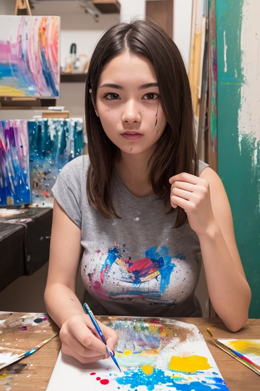 Asian girl wears headphones, topless,nice round breast,a tattoo, a thong, and sits on a chair. One hand is free if the chair is there, the other hand is holding a painting brush. In front of him is a painter. The studio lights are bright and colorful. Behind him are hanging pictures.