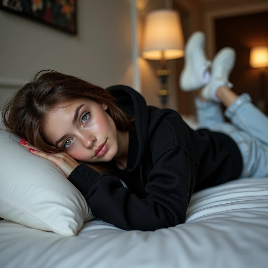 beautiFul European girl with  blue eyes and brown hair,  she is lying on her back in her bed ,  her whole body is lying and her head is resting on the pillow,  her whole body is straight ,  she is wearing a black hoodie ,  she is wearing white sneakers and white jeans , ultra  high resolution , ( photorealistic : 1. 4),  high resolution , (Finely detailed skin), ( blue eyes), (perFect proportions) (Realistic photos) (masterpiece) ( photorealistic ),  ultra-realistic ( best quality ) (detailed)  Photographed with a Canon EOS R5 , 50mm lens, F/2.8, (8k) (Mat) ( Kinematic lighting ) ( dramatic lighting ) (Complex) mode.  She is in a luxurious , modern room .