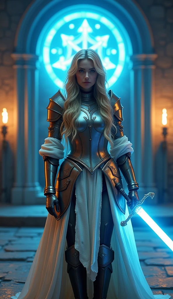 ((masterpiece)) ((photography)) ((highest quality))  a powerful fantasy portrait of a female warrior in silver medieval armor adorned with intricate details. She stands confidently in an ancient stone hall with a glowing blue magical symbol behind her. The warrior has long wavy blonde hair, and her expression is focused and strong. She holds a sword emitting a soft blue light, enhancing the mystical atmosphere. The scene is lit by the warm glow of torches and the cool blue magical light, intensifying the dramatic and epic feel of the setting.