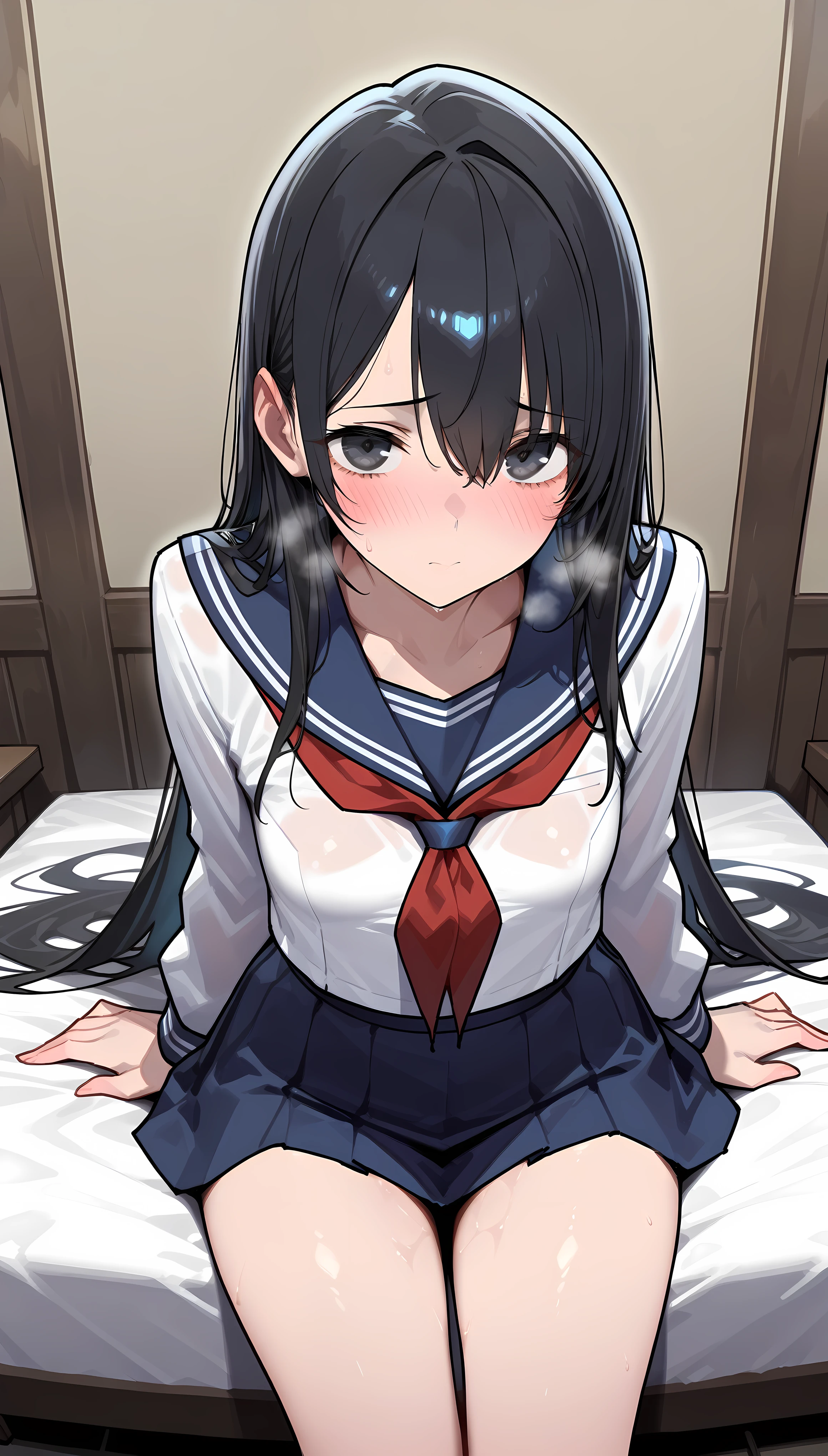 A woman is pushed down on the bed and looks embarrassed, on her back, wearing a sailor suit, breasts visible, skirt pulled up for sex, panties visible, missionary position, erotic face,POV, mouth wide open and screaming, face Blushing, pleasure face.