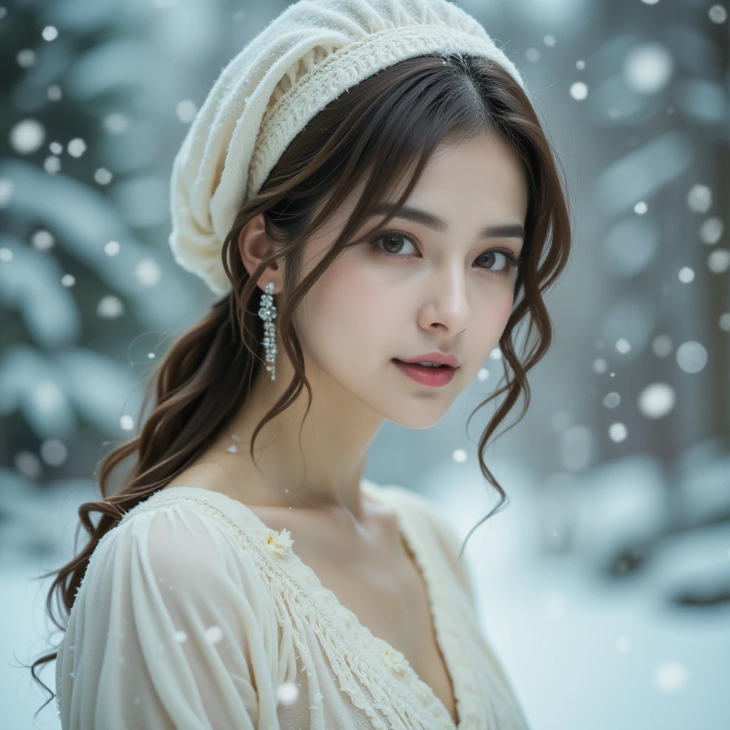 A woman wearing a light cream cotton nightgown. Her nightgown is vintage. She is also wearing a vintage night cap. 
Theme: Winter Frost
Stylized realism. Photography. Realistic oil painting.
Style of Cushart
Flat.
Style of The World Ends With You,
Art by winterhalter,
Modern Portrait,
Digital painting,
Icy skin,
Quiet,
Winter design,
Surrounded by falling snow,Sharp focus