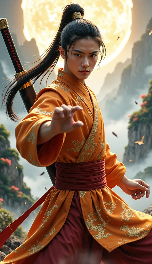  Here is a detailed prompt for creating an image of a Chinese martial artist In Donghua style:

 ---

A young Chinese martial artist of about 25 years old ,  with a serious and determined expression . . He has penetrating and intense eyes , amber in color,  that transmit strength and wisdom beyond his age .  her hair is black and long ,  Tall ponytail that sways in the wind ,  with some loose locks around his face ,  adding a wild and untamable air . your skin is pale,  contrasting with its sharp and fine features defined .  He wears a traditional Chinese martial arts tunic ,  adorned with gold details and dragon and cloud patterns ,  that symbolize power and spiritual ascension . The tunic is dark blue ,  with a wide belt of red fabric that holds clothing securely at the waist . on your back,  carries a sword with a curved blade ,  sheathed in a dark leather cover with metallic details . Around you,  a faint golden glow suggests an aura of energy ,  reflecting his high level of cultivation .  He is in a combat posture ,  with a raised hand and the body tilted slightly forward ,  as if preparing for a quick movement .  The background shows misty mountains and exotic vegetation ,  typical of a Chinese fantasy setting .
32k anime style, HDR, UHD, intricate detail, extremely intricate detail, hyperrealistic, extremely realistic, high quality, vivid color, extremely detailed.